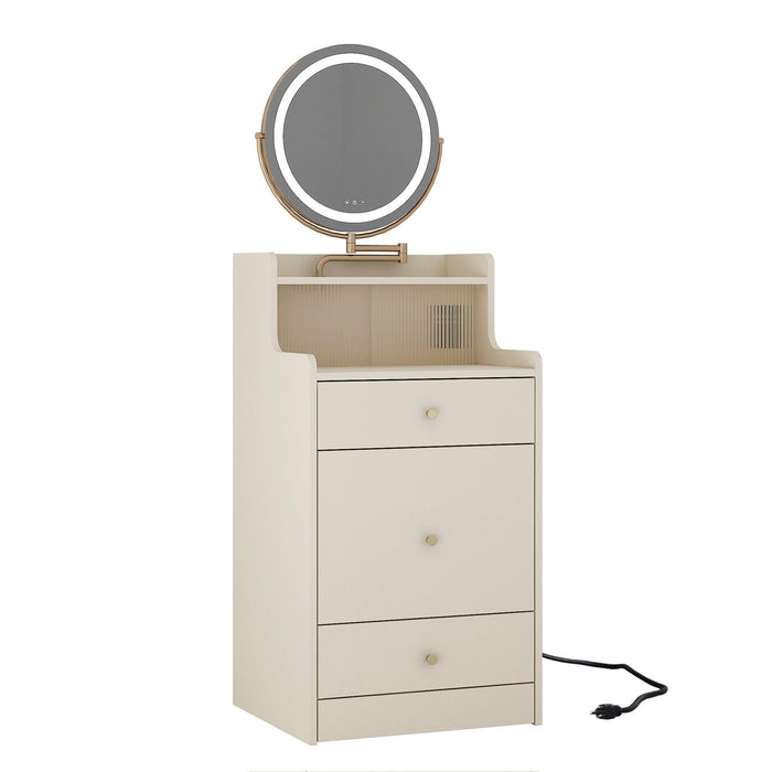 Compact 3 in 1 Vanity Desk with Mirror, Light, Drawers, and Upholstered Stool