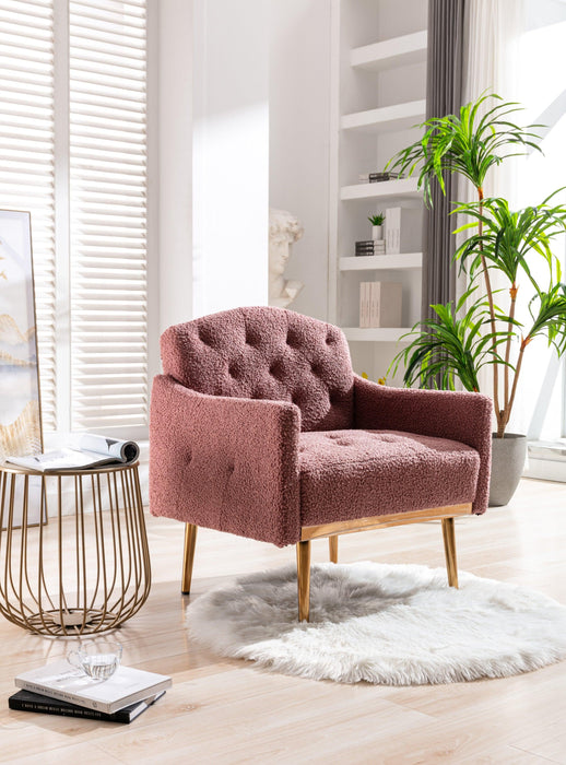 COOLMORE Modern Accent Chair with Arms, Tufted Decorative Fabric Armchair with Gold Metal Legs, Upholstered Reading Chair for Living Room Bedroom Office (Brush Pink Teddy)