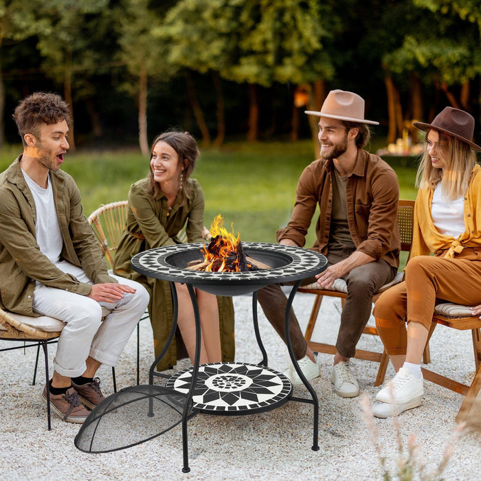 30" Outdoor Fire Pit Dining Table, 3-in-1 Round Wood Burning Fire Pit Bowl, Patio Ice Bucket with Storage Shelf, Spark Screen Cover for BBQ, Bonfire, Camping, Mosaic