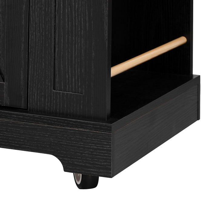53'' Farmhouse Kitchen Island with Two Tempered Glass Cabinet Doors, Power Outlet, Rolling Kitchen Cart on Wheels with Drop Leaf, 5 Open Side Racks, 3 Drawers, for Kitchen, Dining Room, Black - DTYStore