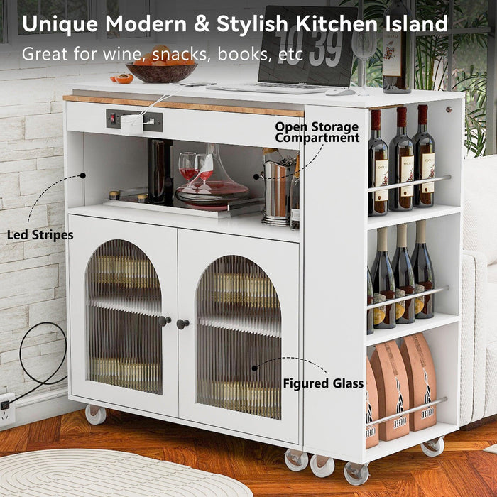 K&K Rolling Kitchen Island With Extended Table, Kitchen island on Wheels with LED Lights,Power Outlets and 2 Fluted Glass Doors, Kitchen Island with a Storage Compartment and Side 3 Open Shelves,White