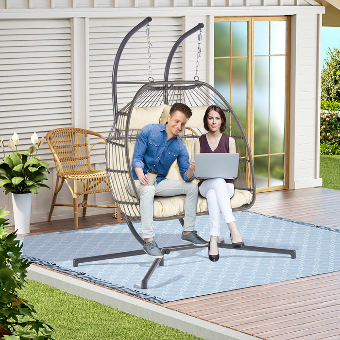 2 Person Outdoor Rattan Hanging Chair Patio Wicker Egg Chair - DTYStore