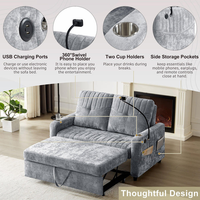 53.9" Modern Loveseat Pull-out Sofa Bed with Adjustable Backrest, Two Cup Holders , a Phone Holder, Three Charging Ports and Side Storage Pockets for Living Room, Grey