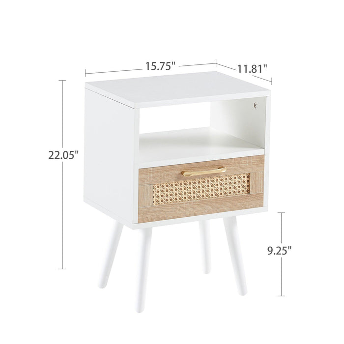 15.75" Rattan End table with drawer and solid wood legs, Modern nightstand, side table for living room, bedroom, white - DTYStore