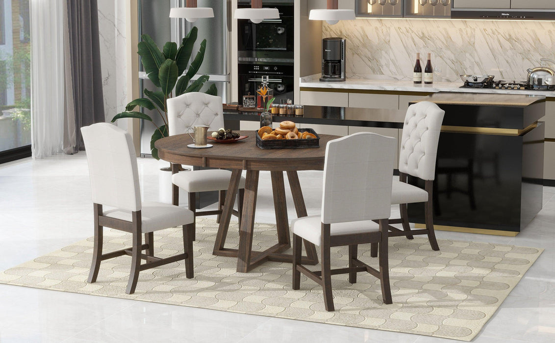 5-Piece Retro Functional Dining Set, Round Table with 16"W Leaf and 4 Upholstered Chairs