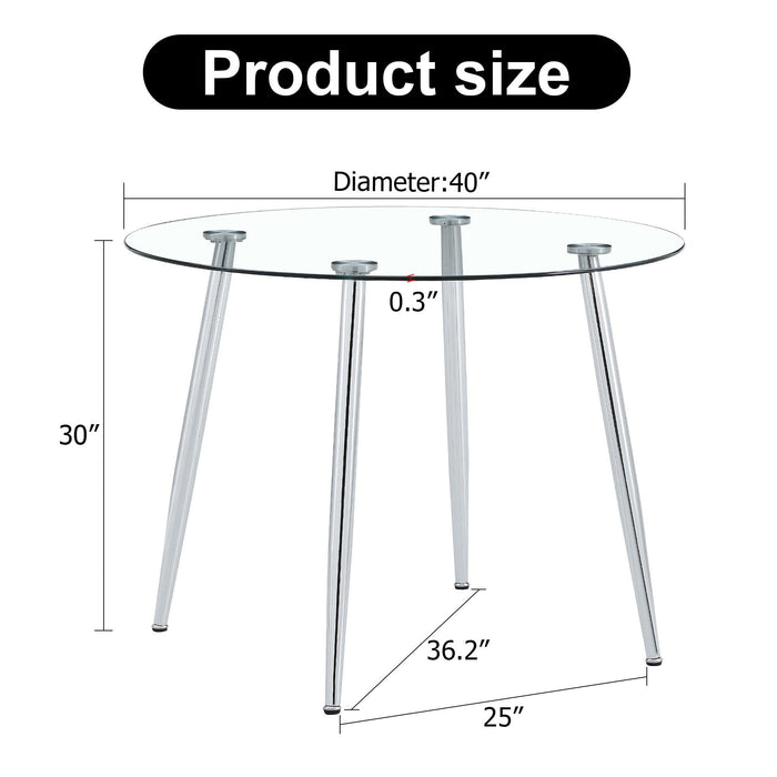 A glass tabletop with a diameter of 40 inches and a modern minimalist circular dining table with electroplated silver metal legs. Suitable for restaurants, living rooms, and conference rooms.