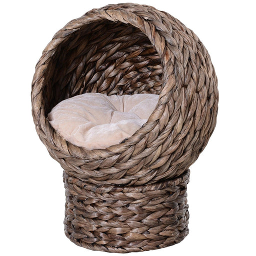 Handwoven Elevated Cat Bed with Soft Cushion & Cat Egg Chair Shape, Cat Basket Bed Kitty House with Stand, Raised Wicker Cat Bed for Indoor Cats, 23.5" H, Gray - DTYStore