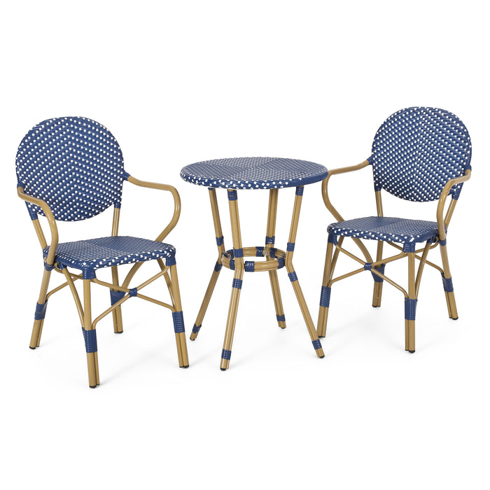 Outdoor PE Rattan and Aluminum 3 Piece French Bistro Set, Dark Teal & White, and Bamboo Finish - DTYStore