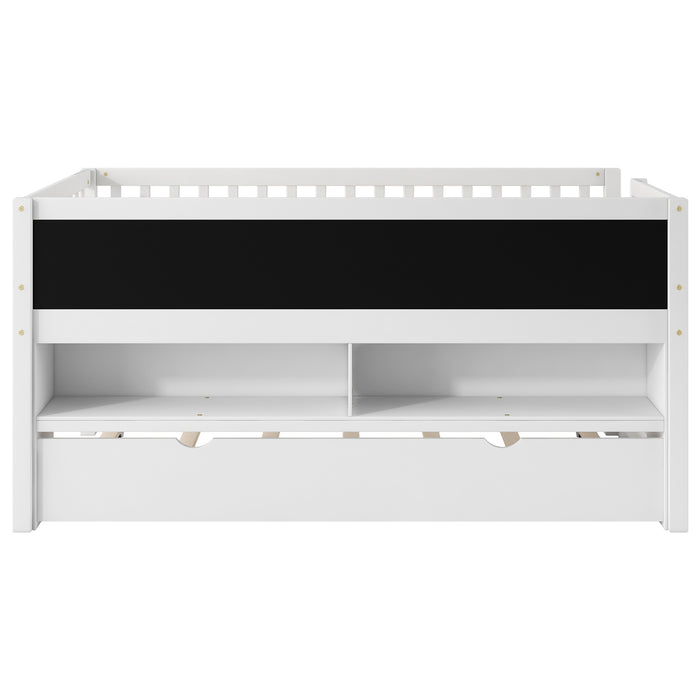 Twin Size Wood Low Loft Bed with Storage Shelves, Blackboard and Trundle, White - DTYStore