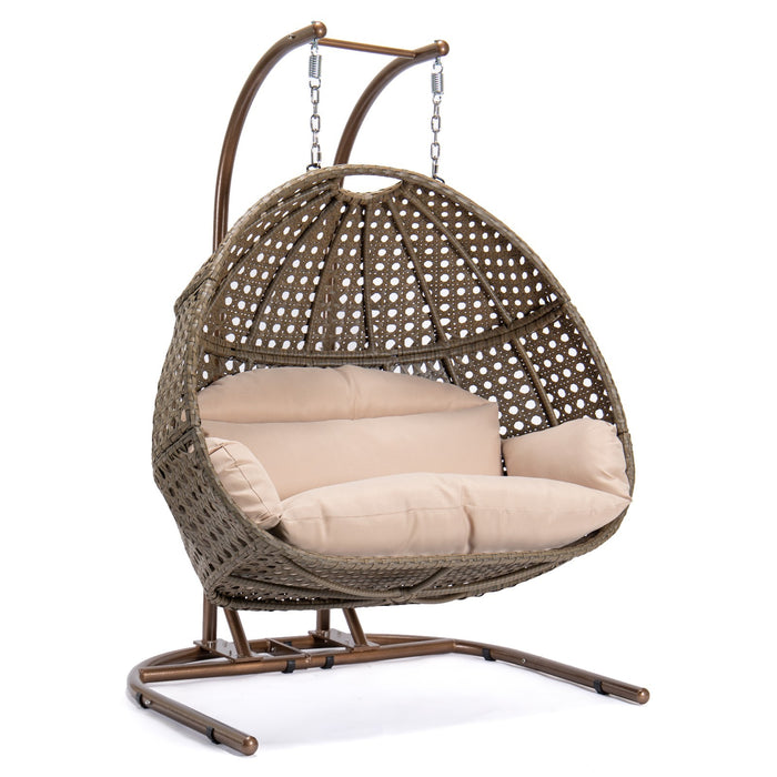 Brown Wicker Hanging Double-Seat Swing Chair with Stand w/Beige Cushion - DTYStore