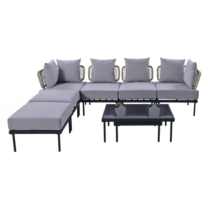 8-Piece Patio Sectional Sofa Set with Tempered Glass and Wooden Coffee Tables for Outdoor Oasis