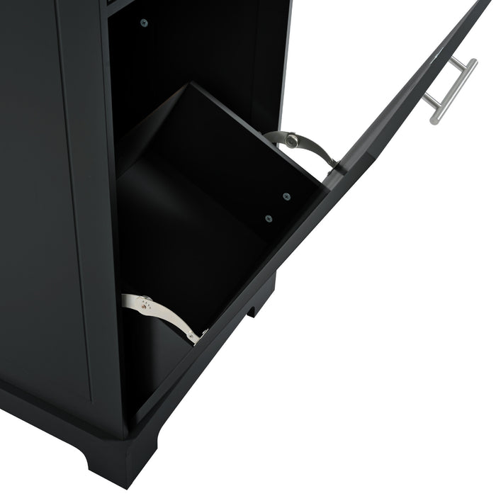 Fluted Kitchen Island with Trash Can Storage Cabinet, Power Outlet, Internal Storage Rack, Rolling Kitchen Islands on 5 Wheels with 3 Drawer, 3 Open Side Racks for 10 Gallon Garbage Bin, Black - DTYStore