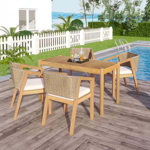 Acacia Wood Outdoor Dining Set of 5, Dining Furniture Set with 1 Table 4 Chairs, Teak and Beige - DTYStore