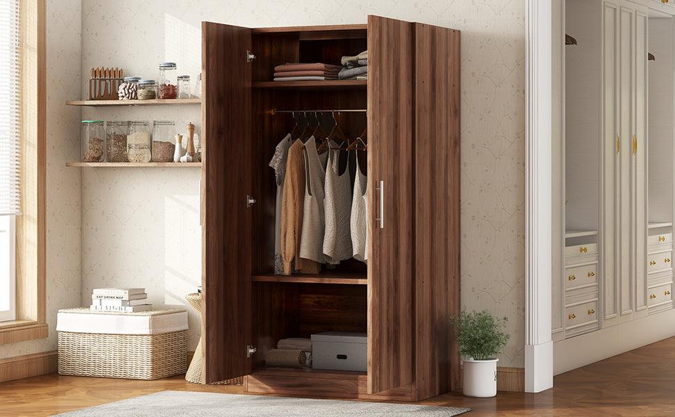 2-Door Wooden Wardrobe Armoire with 3 Storage Shelves, Brown