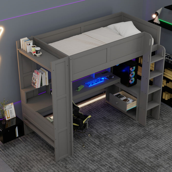Wood Twin Size Gaming Loft Bed with Desk, Multi-storage Shelves, LED and Charging Station, Dark Gray - DTYStore