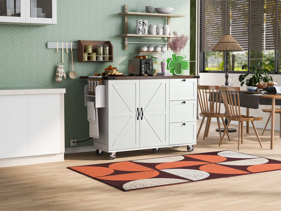 54.5" Farmhouse Kitchen Island with Power Outlet, Kitchen Storage Island with Internal Storage Rack, Drop Leaf, Spice Rack, Rolling Kitchen Cart on Wheels, for Home, Kitchen and Dining Room,White - DTYStore