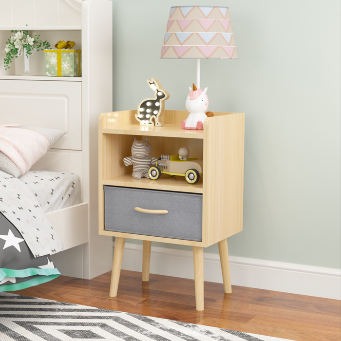 2PC Nightstand With Collapsible Fabric Drawer, 2-Tier Storage End Table, Wood Side Table with Storage Cabinet for Bedroom, Living Room - Oak - DTYStore