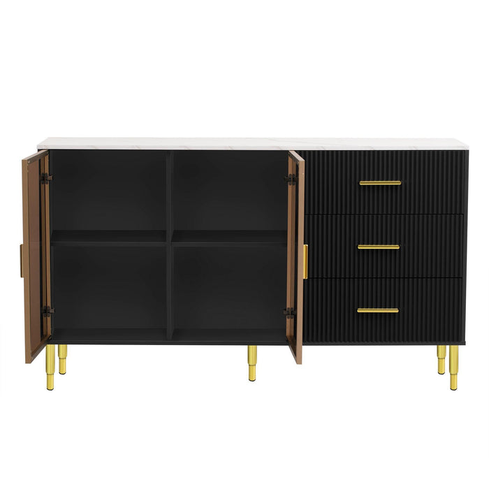 TREXM Modern Sideboard MDF Buffet Cabinet Marble Sticker Tabletop and Amber-yellow Tempered Glass Doors with Gold Metal Legs & Handles (Black)