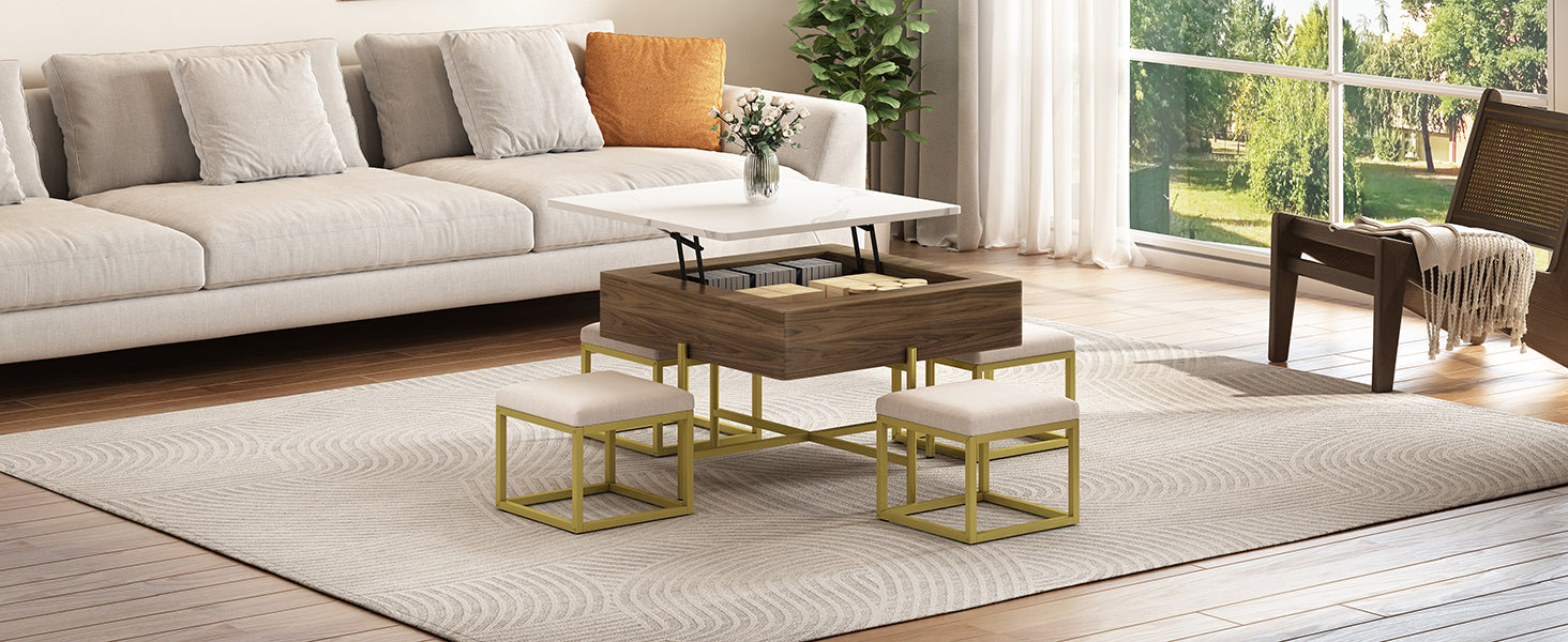 Modern Square Lift-Top Coffee Table Set with Storage & 4 Ottomans White & Walnut - DTYStore