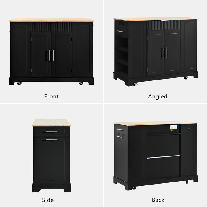 Fluted Kitchen Island with Trash Can Storage Cabinet, Power Outlet, Internal Storage Rack, Rolling Kitchen Islands on 5 Wheels with 3 Drawer, 3 Open Side Racks for 10 Gallon Garbage Bin, Black - DTYStore