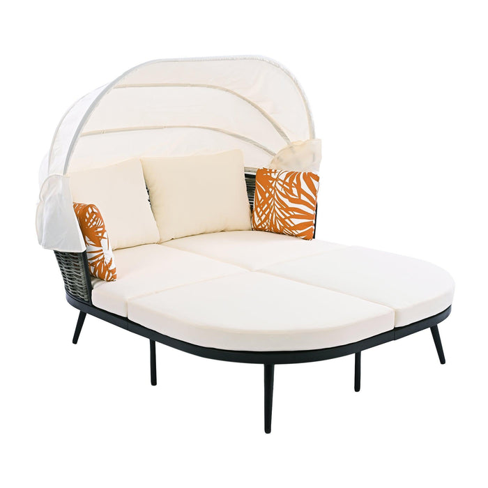 TOPMAX 74.8" L Patio Daybed with Retractable Canopy, Outdoor Rattan PE Wicker Back Loveseat Sofa Set with Throw Pillows and Cushions for Backyard, Poolside, Garden, Beige