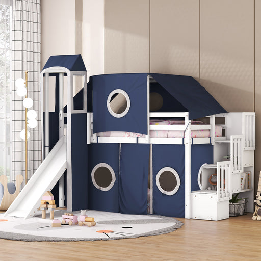 Twin Size Loft Bed with Tent and Tower - Blue - DTYStore