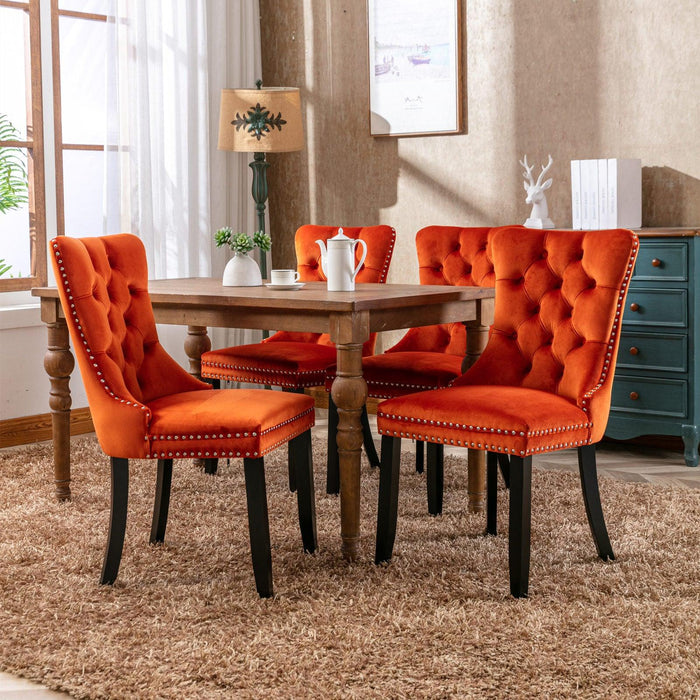 Nikki Collection Modern, High-end Tufted Solid Wood Contemporary Velvet Upholstered Dining Chair with Wood Legs Nailhead Trim 2-Pcs Set, Orange