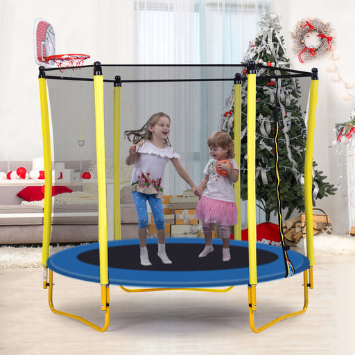 5.5FT Trampoline for Kids - 65' Outdoor & Indoor Mini Toddler Trampoline with Enclosure, Basketball Hoop and Ball Included - DTYStore