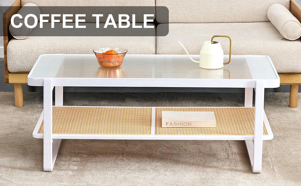 Modern Minimalist White Double Layered Solid Wood Coffee Table. Glass tabletop, imitation rattan edge table. Rectangular table suitable for living room, dining room, and bedroom