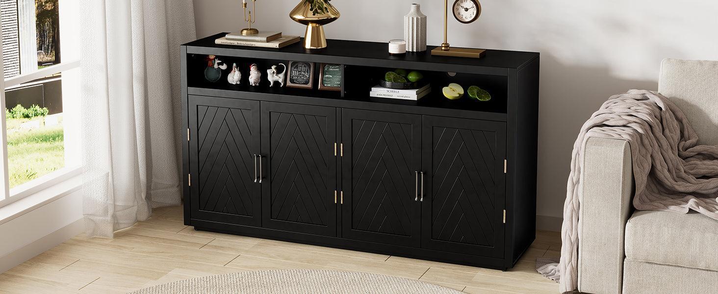 TREXM 4-door Classic Sideboard with Open Storage and Adjustable Shelves Perfect for kitchens, living rooms (Black)