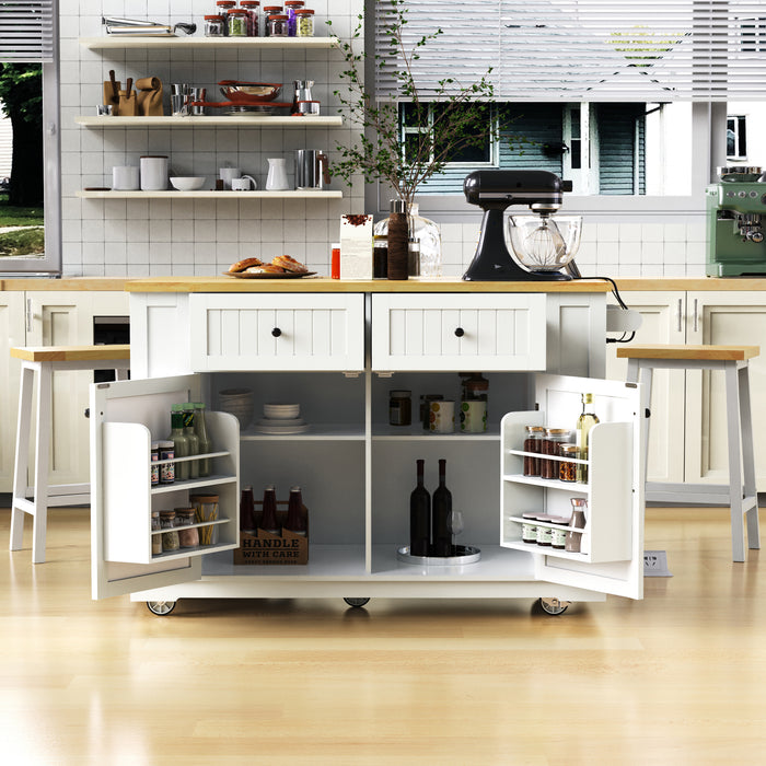 48inch Large Kitchen Island with 2 Bar Stools, Power Outlet, Door Internal Storage Rack, Kitchen Storage Cart on 5 Wheels with Drop Leaf, 5 Open Side Racks, 2 Drawers,for Kitchen,Dining Room,White - DTYStore