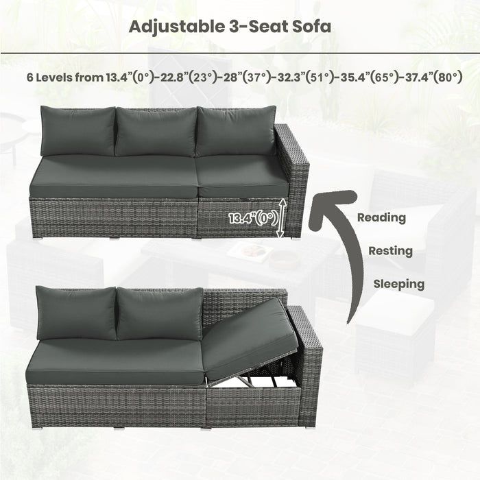 Outdoor 6-Piece All Weather PE Rattan Sofa Set, Garden Patio Wicker Sectional Furniture Set with Adjustable Seat, Storage Box, Removable Covers and Tempered Glass Top Table,Grey - DTYStore