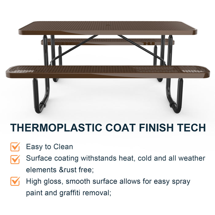 72' Expanded Metal Rectangular Picnic Table, Brown - DTYStore