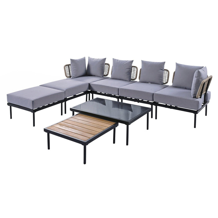 8-Piece Patio Sectional Sofa Set with Tempered Glass and Wooden Coffee Tables for Outdoor Oasis