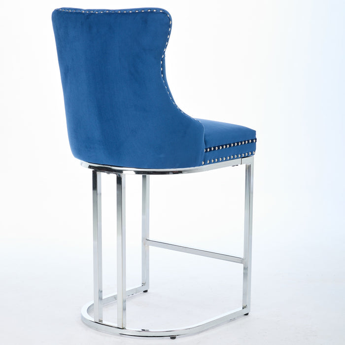25' Counter Height Bar Stools Set of 2, Modern Velvet Barstools with Button Back&Rivet Trim Upholstered Kitchen Island Chairs with Sturdy Chromed Metal Base Legs Farmhouse Bar Stools, (Blue,2 Pack) - DTYStore
