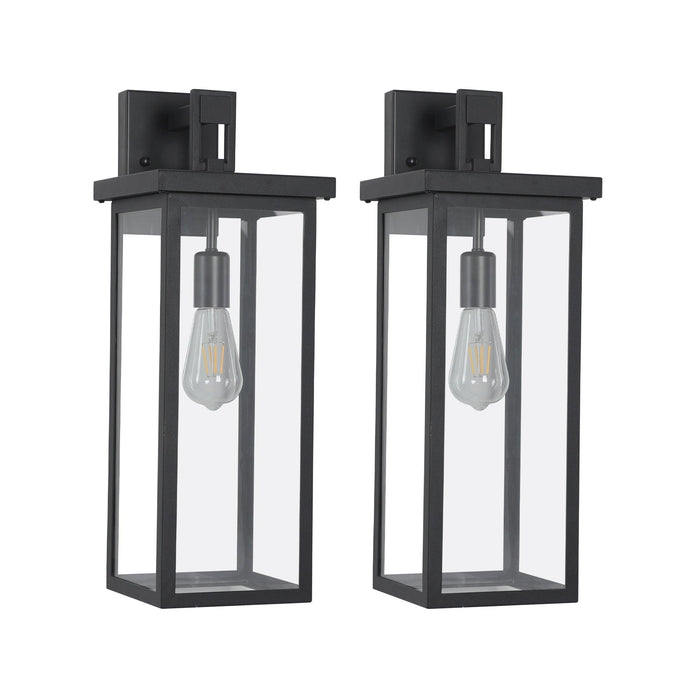 Set of 2 Modern Outdoor Wall Lanterns with Black Metal Frame and Clear Glass, Weatherproof Wall Sconces for Porch, Garage, or Entryway Lighting, E26 Bulb Compatible - DTYStore