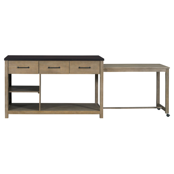 Extendable Kitchen Island with Storage, Multi-Functional Kitchen Cart with Built-In Power Outlets, Retro Kitchen Island on Wheels with Drawers and Open Shelves for Kitchen (Espresso+Natural) - DTYStore