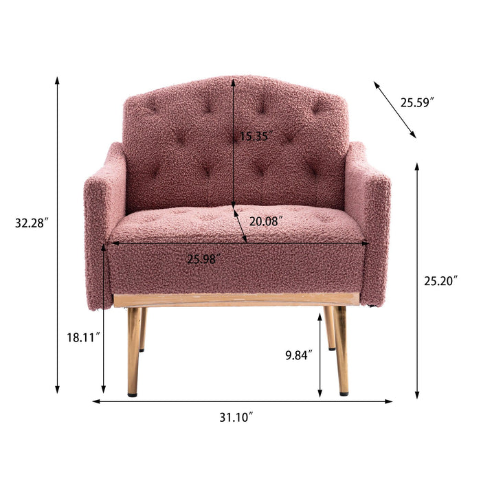 COOLMORE Modern Accent Chair with Arms, Tufted Decorative Fabric Armchair with Gold Metal Legs, Upholstered Reading Chair for Living Room Bedroom Office (Brush Pink Teddy)