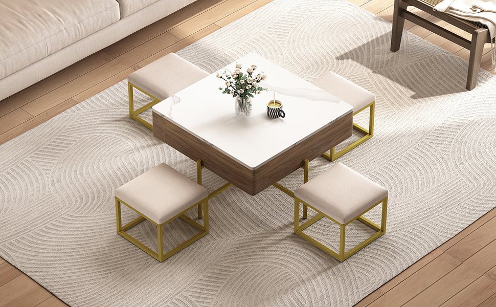 Modern Square Lift-Top Coffee Table Set with Storage & 4 Ottomans White & Walnut - DTYStore
