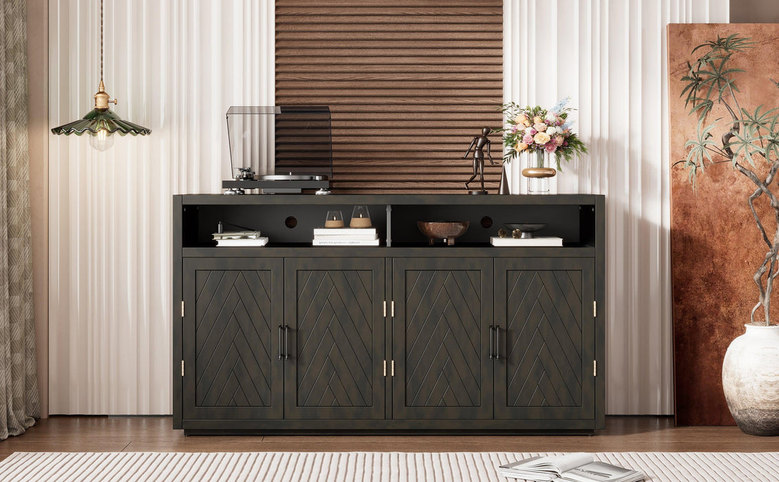 TREXM 4-door Classic Sideboard with Open Storage and Adjustable Shelves Perfect for kitchens, living rooms (Grey Brown)