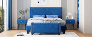 4-Pieces Bedroom Sets Queen Size Upholstered Bed Frame with Rivet Design,Nightstands and Tufted Storage Ottoman,Blue