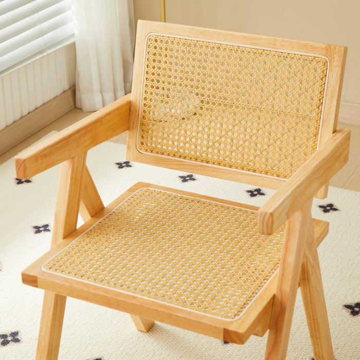 2 dining chairs, natural color, rubber wood rattan weaving technology, armrest solid wood dining chair, living room chair, simple and natural - DTYStore