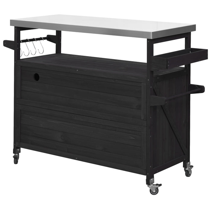 Outdoor Kitchen Island, Rolling Bar Cart & Storage Cabinet, Farmhouse Solid Wood Outdoor Grill Table with Stainless Steel Top, Spice Rack , Towel Rack for Kitchen & Barbecue, Black - DTYStore