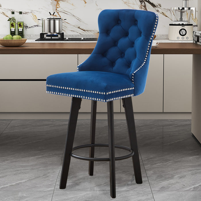 Modern Swivel Bar Stools Velvet Barstools Button Tufted Bar Stools Rivet Trim Bar Stools for Kitchen Island,Bistro, with Metal Pull Ring Sturdy Footrest Large Backrest for Home Bar,Navy Blue 1pc - DTYStore