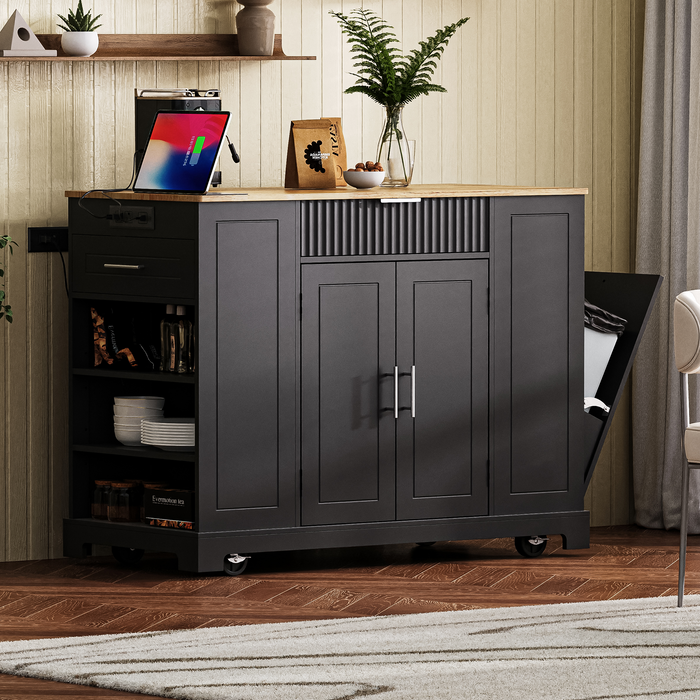 Fluted Kitchen Island with Trash Can Storage Cabinet, Power Outlet, Internal Storage Rack, Rolling Kitchen Islands on 5 Wheels with 3 Drawer, 3 Open Side Racks for 10 Gallon Garbage Bin, Black - DTYStore