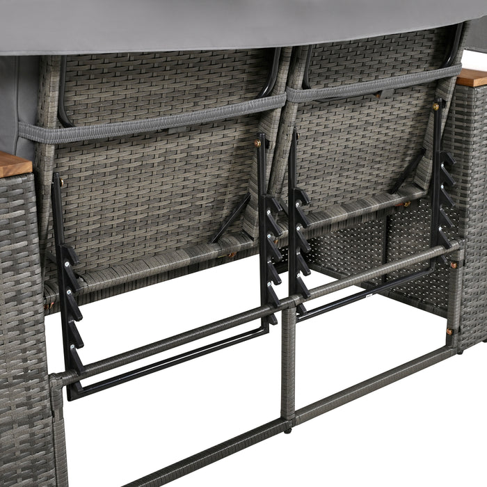 2-Piece Outdoor Rattan Daybed, Outdoor Bed with 5 Positions, Outdoor Loveseat Patio Sofa with Bench Lounge Roof Set and Cushions for Poolside, Backyard and Garden (Grey Wicker + Grey Fabric) - DTYStore