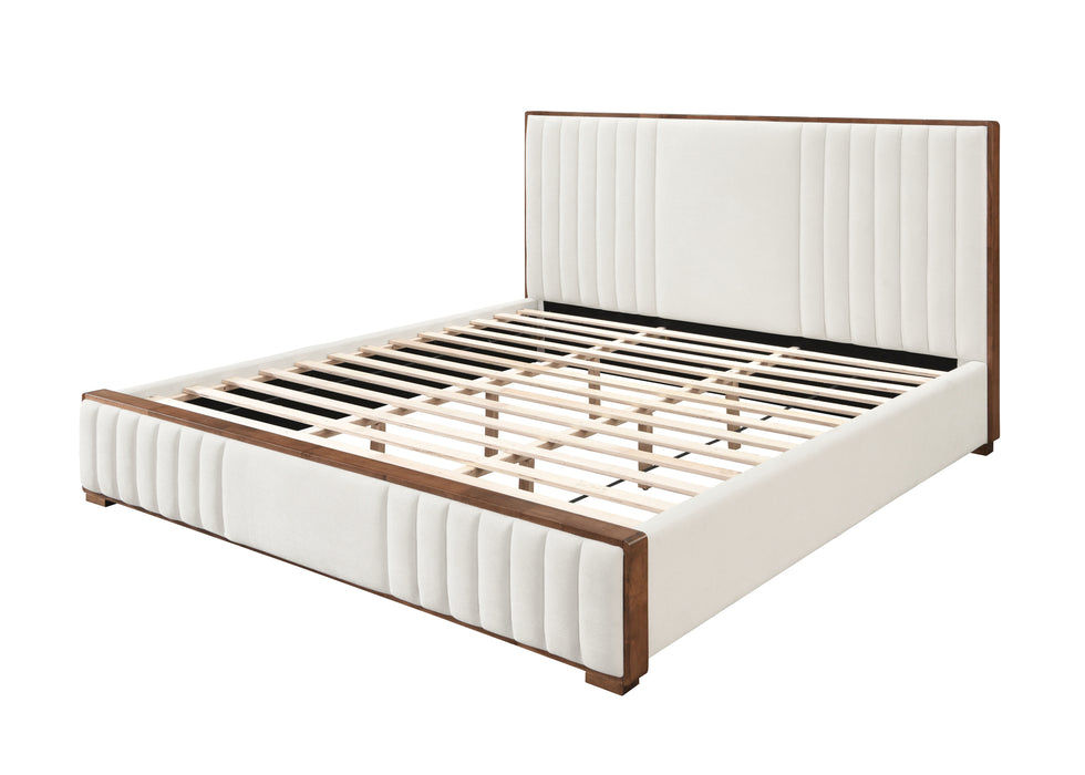 Kaleea Beige Chenille & Walnut Finish EK Bed - DTYStore