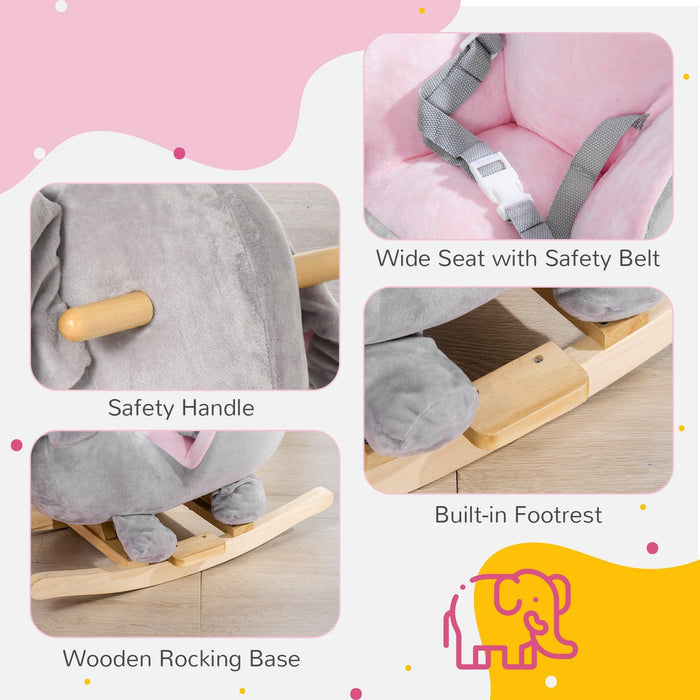 Baby Rocking Horse Elephant Rocking Chair Toddler Rocker Toy with Sound Wooden Base Seat Safety Belt for 1.5-3 Year Old, gray