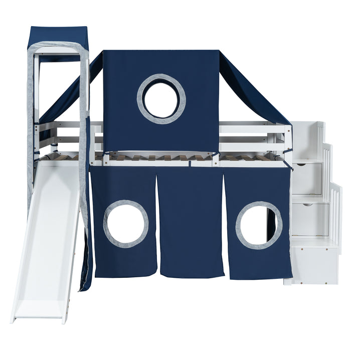 Twin Size Loft Bed with Tent and Tower - Blue - DTYStore