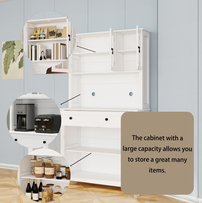 71' Pantry Storage Cabinet with Microwave Oven Countertop, Freestanding Hutch Cabinet with 3 Adjustable Shelves, 5 glass Doors and 1 Large Drawer-White - DTYStore